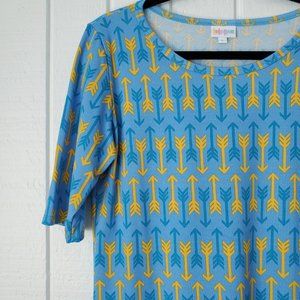 New LuLaRoe Julia Dress Large Arrow Print Bodycon Fitted Light Blue Yellow NWT